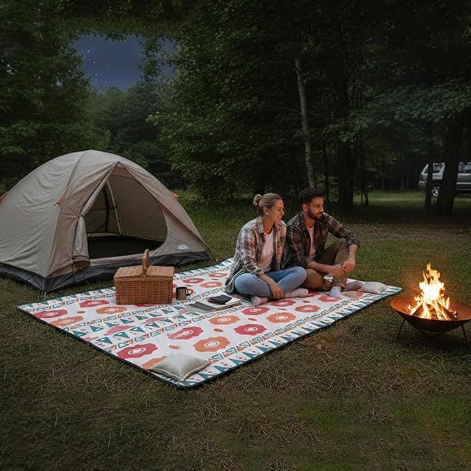Beach Blanket Sandproof Waterproof 79 X 79 Oversized Outdoor Picnic Blanket Large Sand Free Beach Mat Lightweight Foldable Mat for Travel Camping Festival (Orange Floral Shore)