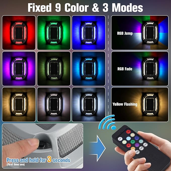 VOLISUN Solar Driveway Lights Dock Deck Lights with Remote 12 Pack9 Colors in 1 Led IP67 Waterproof Outdoor Warning Step Lights for Driveway Sidewalk Pathway RGB