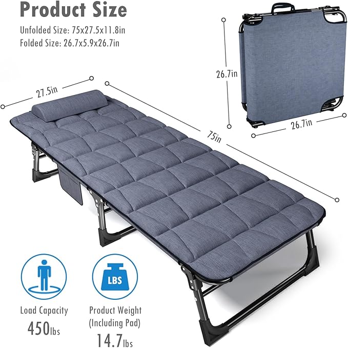 ATORPOK Folding Camping Cot for Adults with Padded Mattress and Pillow Adjustable Reclining Lounger Sleeping Cot Bed Ideal for Camping Travel Garden or Office Use Blue