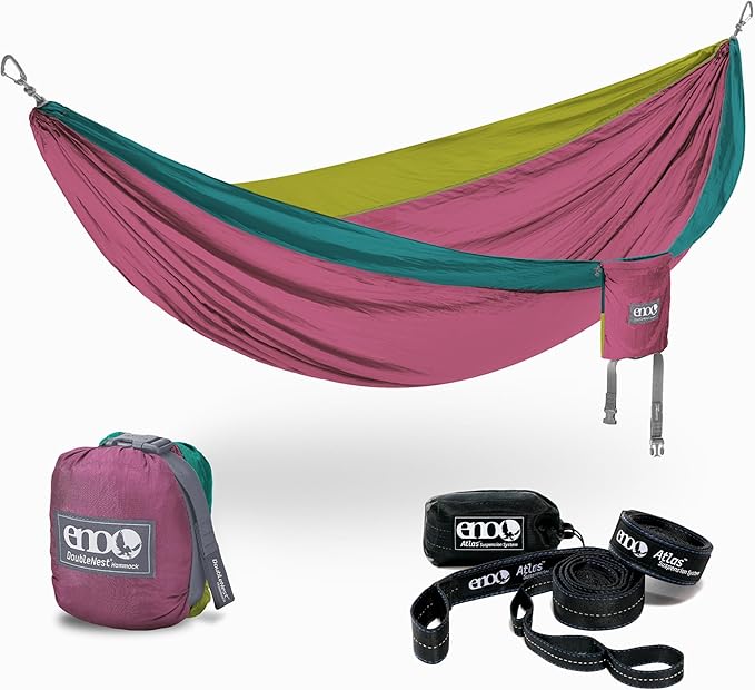 ENO Bundle Includes The SingleNest Hammock &amp Atlas Suspension System Lightweight Durable Hammock with Straps for Camping Hiking &amp Travel Seafoam/Berry/Melon