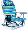 Portable Beach Chair for Adults Outdoor Camping Chair Lay Flat Folding Backpack Beach Reclining Chair with 5 Positions Headrest Cup Holder Heavy Ocean Striped