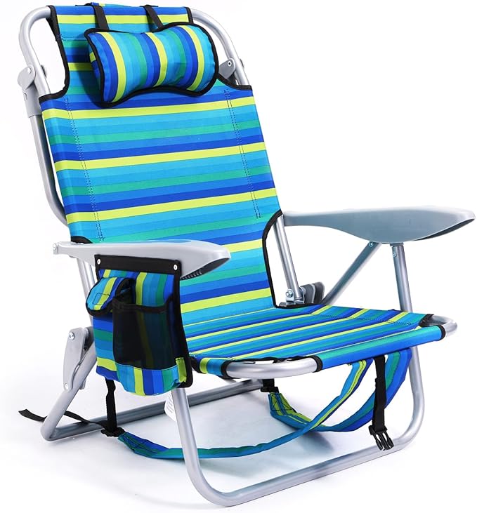 Portable Beach Chair for Adults Outdoor Camping Chair Lay Flat Folding Backpack Beach Reclining Chair with 5 Positions Headrest Cup Holder Heavy Ocean Striped