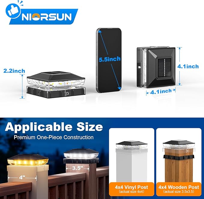 NIORSUN Solar Post Cap Lights Outdoor Waterproof 2 Lighting Modes 4x4 Post Solar Lights Fence Posts Solars Light for Deck Patio Garden Decoration 4x4 Posts Caps Wood Vinyl 12 Pack (Black)
