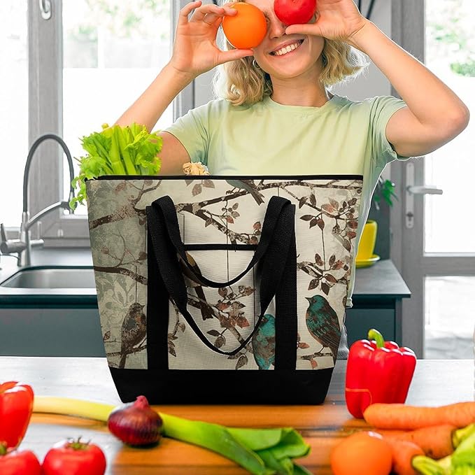 Insulated Shopping BagLarge Reusable Cooler Bags Birds on Branches Printed Foldable Shopping BagTravel Waterproof Shoulder Bag
