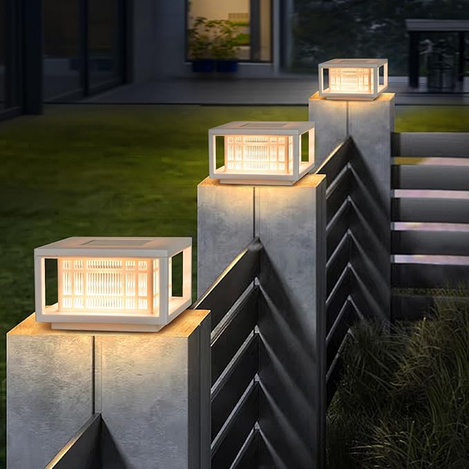 HUYIENO Solar Post Cap Lights Large Outdoor Deck Fence Post Lights 50Lumens Brightness Warm/Bright White Lighing Modes for 4x4 5x5 Vinyl Posts 4x4 5x5 6x6 Wooden Posts (White 2pk)