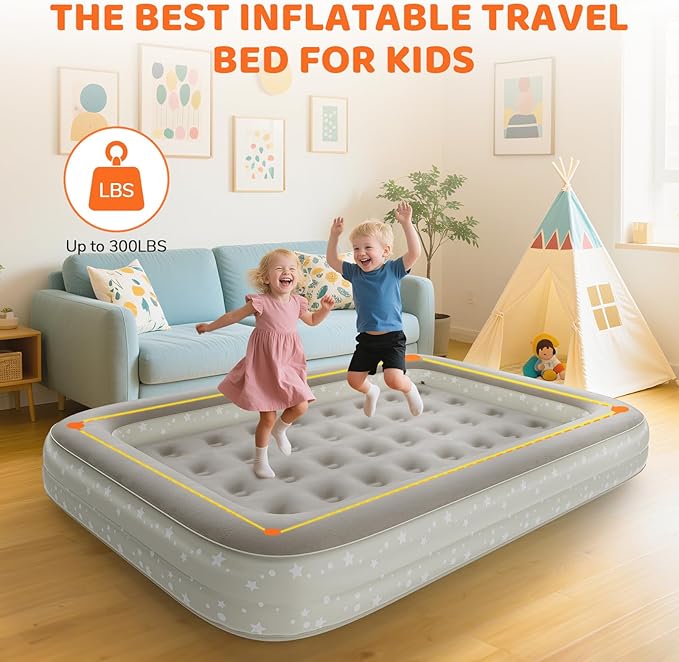 Inflatable Toddler Travel Bed: Portable Blow Up Travel Toddler Bed with Safety Sides - Toddler Air Mattress with Electric Pump ＆ Carry BagIdeal for Sleeping and Outdoor Camping (Beige 60)
