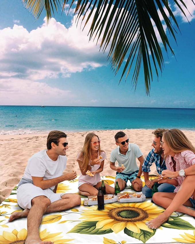 Beach Blanket Waterproof Sandproof Picnic Blanket 108x84 Foldable Beach Mat with Sunflower Watercolor Spring Flowers Pastoral Pattern for Camping Park Grass Beach Travel