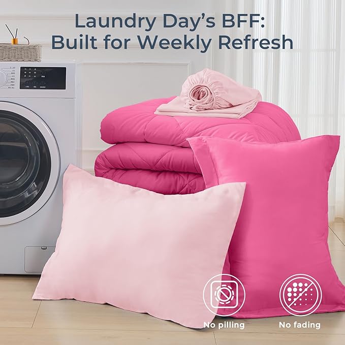 HEVUMYI Hot Pink &amp Baby Pink Twin Comforter Set - 5-Piece All Season Bed in a Bag Twin Ultra Soft Bedding Set with Comforter Flat Sheet Fitted Sheet Pillowcases Pillow Shams