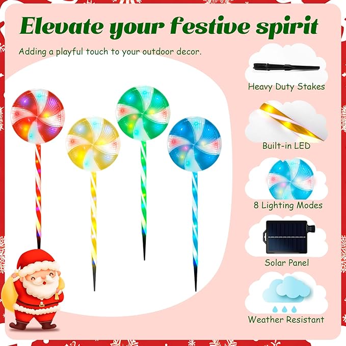 Candy Christmas Decorations Pathway Outdoor Solar Lights 29 inches 80 LED Lighted Lollipop Solar Christmas Lights with 8 Modes Waterproof String Lights Outdoor Lights for Yard Patio Walkway-4PCS