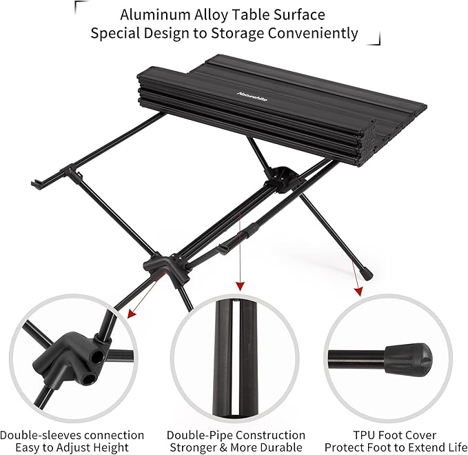 Naturehike FT11 Height Adjustable Camping Table Ultralight Aluminum Roll Up Table with Carry Bag Portable Backpacking Camp Table for Hiking Picnic Fishing Beach