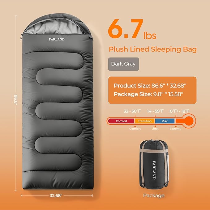 FARLAND Sleeping Bag for Adults Cold Weather &amp Warm Plush Fleece-Lined Interior - Portable Waterproof Windproof with Compression Sack for Camping Hiking Traveling Indoor &amp Outdoor