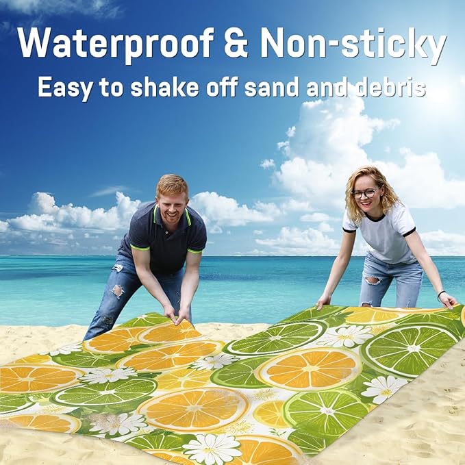 Waterproof Sandproof Beach Blanket 59''×68'' Lemon Seamless Pattern Polyester Outdoor Picnic Blanket with 4 Stakes &amp Storage Bag for BeachCampingVacation