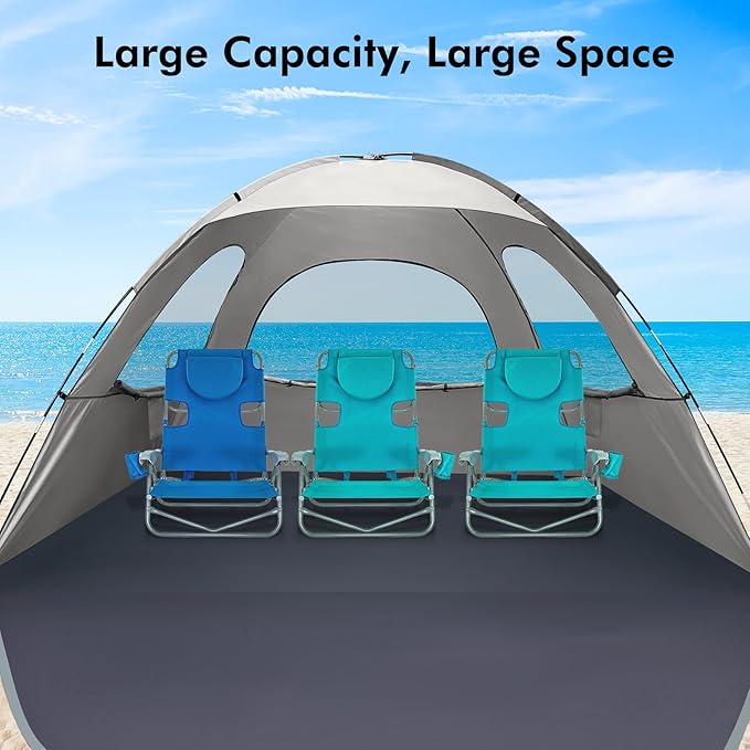 WhiteFang Beach Tent Anti-UV Portable Sun Shade Shelter for 3/4/6/8 Person Extendable Floor with 3 Ventilating Mesh Windows Plus Carrying Bag Stakes and Guy Lines