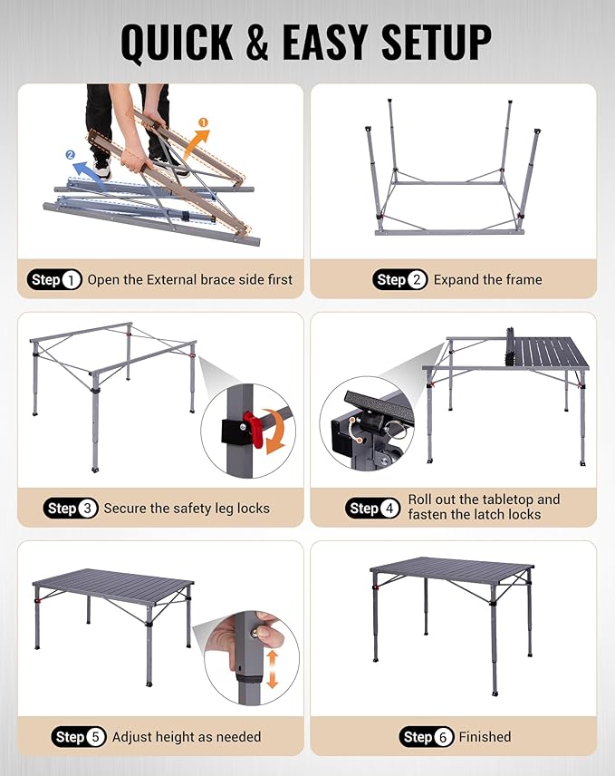 KingCamp Folding Camping Table Foldable Loads 265 Lbs 42.1× 27.6 Portable Table 3 Adjustable Height Aluminum Roll Up Camp Table with Carry Bag for Camping Picnic BBQ Backyard Indoor &amp Outdoor