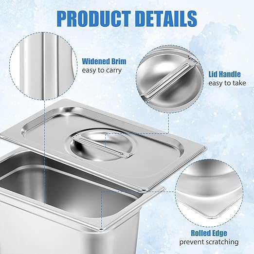 Thenshop 6 Pack Stainless Steam Hotel Pan with Lid Deep Steam Table Pan Reusable Anti Rust Water Restaurant Supplies for Home Party Buffet(10.43 x 6.38 x 5.91 Inches Pans1/4 Size Lids)