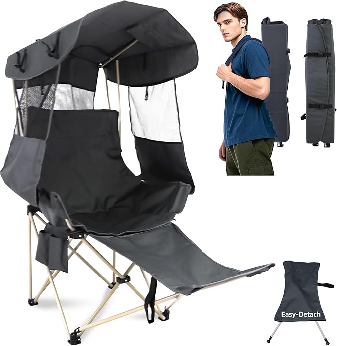 Folding Camping Chairs Canopy Outdoor: Sports Portable Beach Chair with Canopy-Lawn Beach Chairs with Umbrella for Adults-Camping Chair with Shade for Fishing Camp Heavy Duty (Casual Grey)