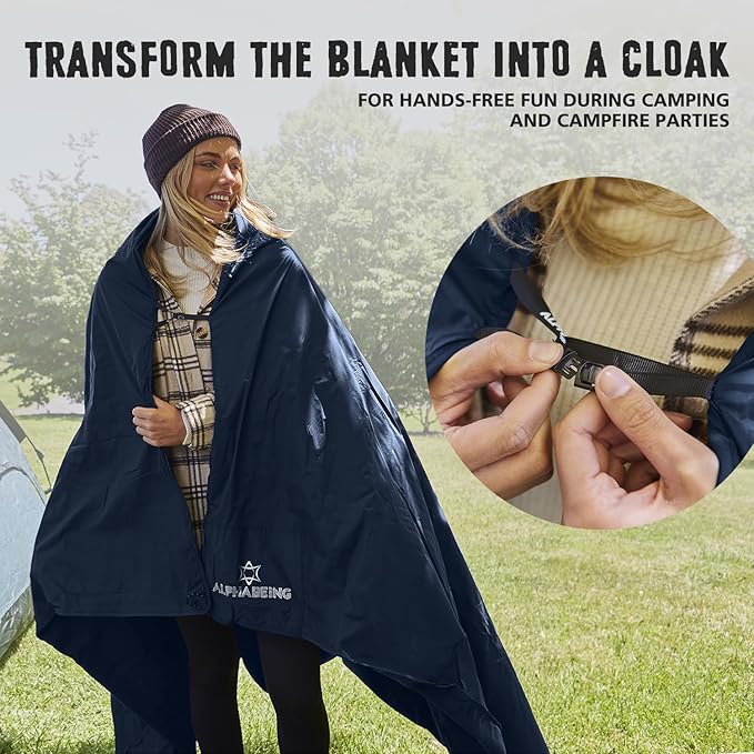 AlphaBeing Waterproof Outdoor Blanket with Merino Wool Extra Thick Warm Windproof Packable Stadium Blankets for Cold Weather Camping Gift Pet Car Picnic Concerts 79 x 59 Navy