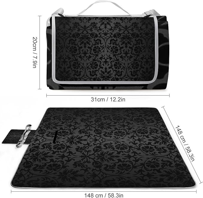 Black Floral Damask Photographic Print Waterproof Outdoor Picnic Blanket Sandproof Beach Mat for Camping Hiking Grass Travelling