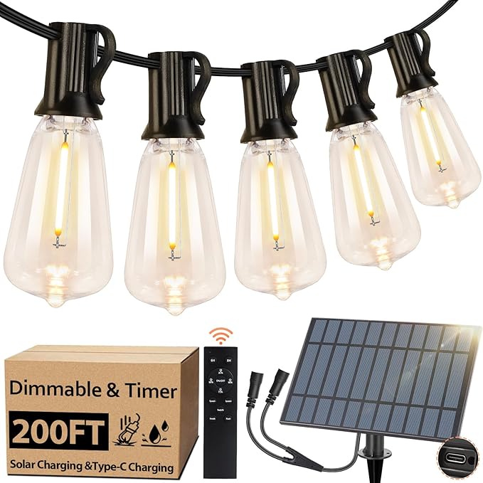 Bosceos Solar Outdoor String Lights Waterproof 200FT Solar Powered String Lights for Outside with Shatterproof Bulbs Dimmable ST38 LED Lights String Patio Hanging Lights for Backyard Garden Party