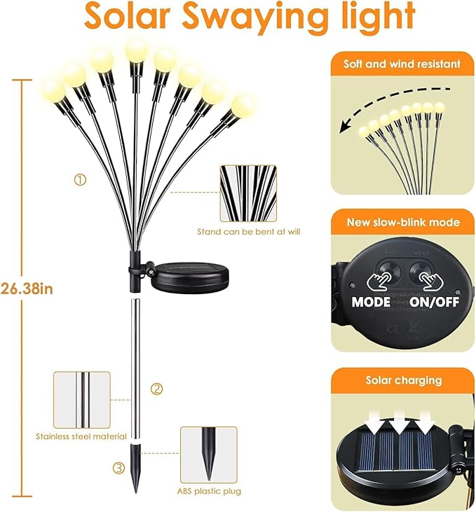 Solar Garden Lights 8 Pack 64LED Solar Firefly Lights Waterproof Garden Light Outdoor with 2 Lighting Modes Swaying Light for Outside Yard Walkway Patio Lawn Flower Bed Decoration (Warm White)