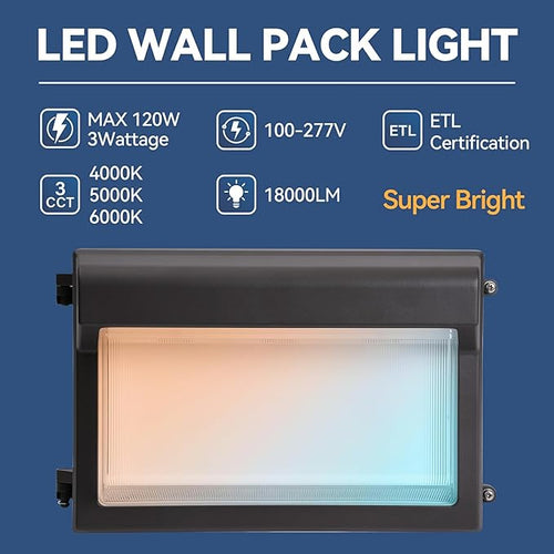 120W LED Wall Pack Light 2Pack Glass Lens LED Wall Lights with Photocell 4000/5000/6500K 3CCT 80/100/120W Selectable Commercial Outdoor Security Lighting for Building Parking Lot ETL Listed