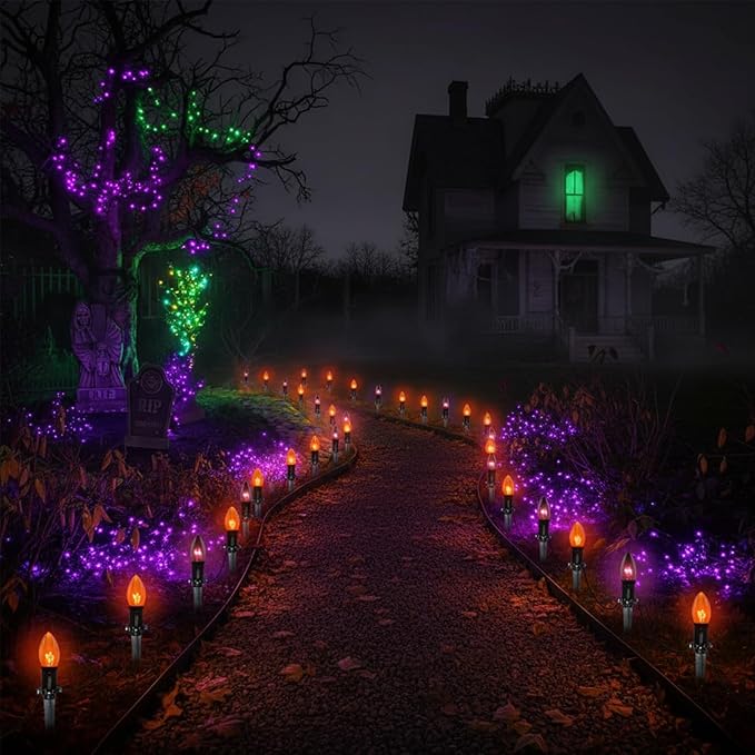 Halloween Pathway Lights Outdoor10 Pack Halloween Party Decor Stake Lights with C9 Clear Black&ampOrange Bulbs19.5Ft Extendable Waterproof Walkway Lights for Yard Porch Lawn Garden
