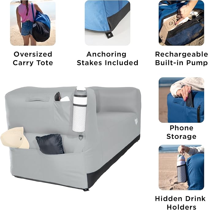 Slouch Couch | Air Sofa with Built-in Pump Hidden Cup Holders Storage Pockets | Durable Blow Up Couch with High-Performance Fabric for Camping Beach Home &amp Outdoors (Harbor Gray)