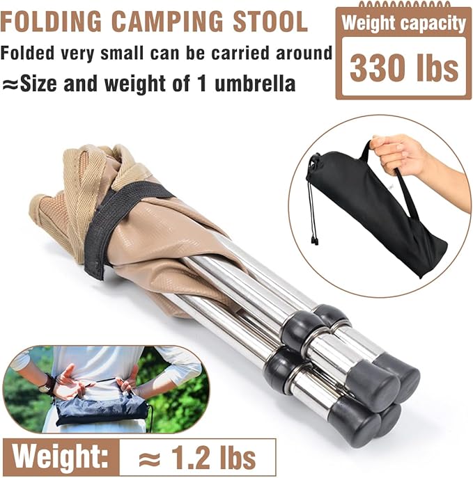 Ultra-Lightweight Camping Stoo - 260lbs Capacity | 13.8in Expanded Height | 1.2lbs Ultra-Light &amp Waterproof | 1-Pull Quick Setup for Camping Hiking Fishing BBQ &amp Waiting in Line (Khaki)