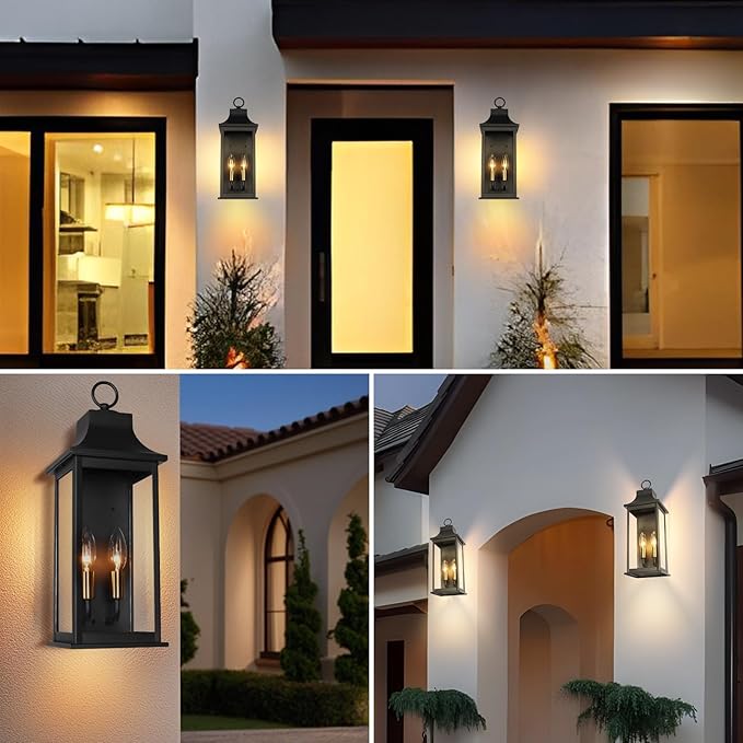 JYZ 18 Outdoor Wall Light Lantern 2-Light Exterior Wall Sconce with Gold Socket &amp Clear Glass Anti-Rust Matte Black Outside Lighting Fixture for Front Door Porch Garage E12 Base