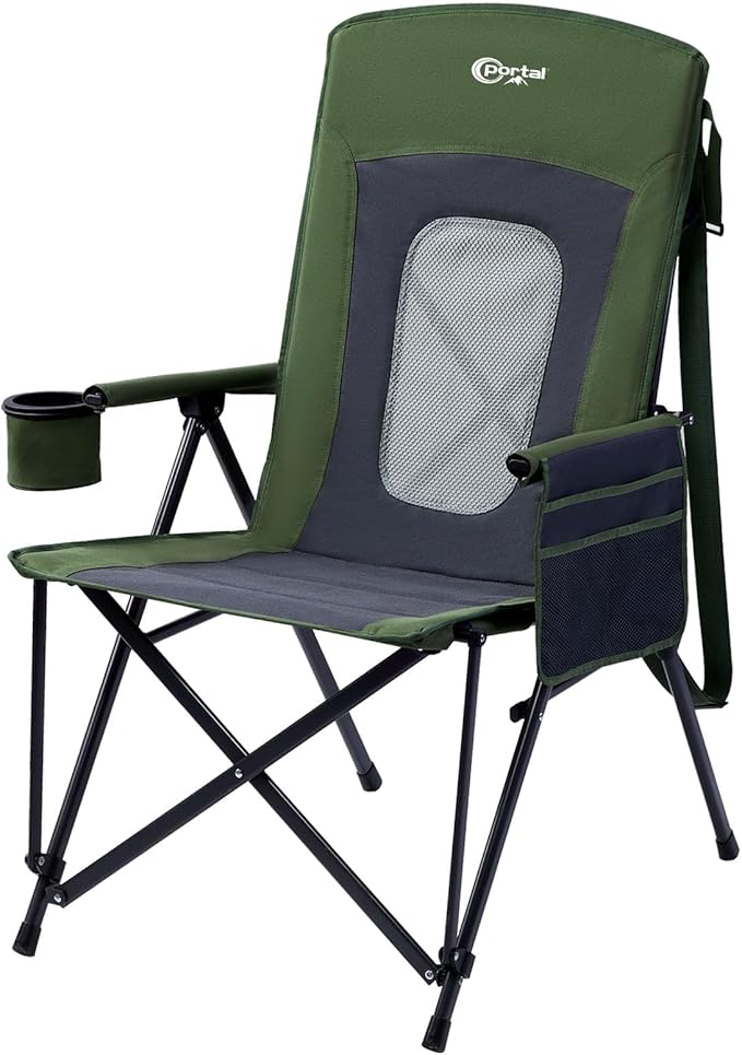 Portal Oversized Folding High Back Portable Lawn Chairs for Adults Outdoor Camp Sports Hunting Fishing Backyard with Hard Armrest Cup Holder Carrying Strap Supports 400LBS Green