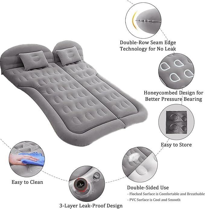 Inflatable SUV Air MattressThickened Flocking Car Travel Camping Bed with 2 Pillows &amp Air PumpPortable Car Sleeping Mattress for SUV Trunk and Rear