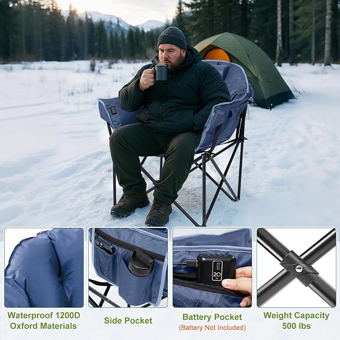 Slsy Oversized Heated Camping Chairs 2-Pack Heated Folding Moon Chairs with 3 Heat Levels Heavy Duty Portable Lawn Chairs for Outdoor Patio Picnic and Lounge