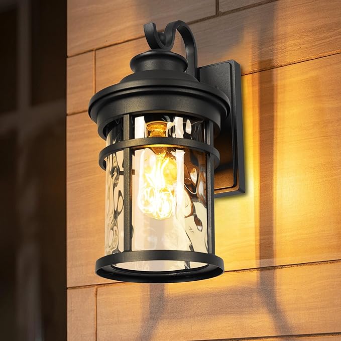 Treekee Outdoor Light Fixture Wall Mount Modern Exterior Wall Sconce with Water Ripple Glass &amp E26 Sockets for Front Porch Farmhouse Rustic Black Wall Lantern Lamp for Patio Garage Home Yard