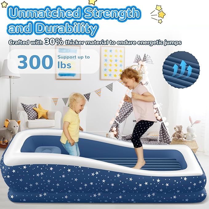 Inflatable Toddler Travel Bed: Portable &amp Safety - Blow Up Toddler Bed Travel with 4 Sides - Kids Air Mattress Ideal for Outdoor Camping - Easy to Inflate Deflate and Clean (67” Blue)