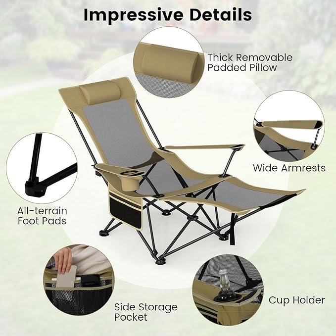 GYMAX Reclining Camping Chairs with Footrest Lightweight Foldable Camping Chairs with Cup Holders Adjustable Backrest Headrest Heavy Duty Camp Chair for Adult Outdoor Fishing Beach (Khaki2)