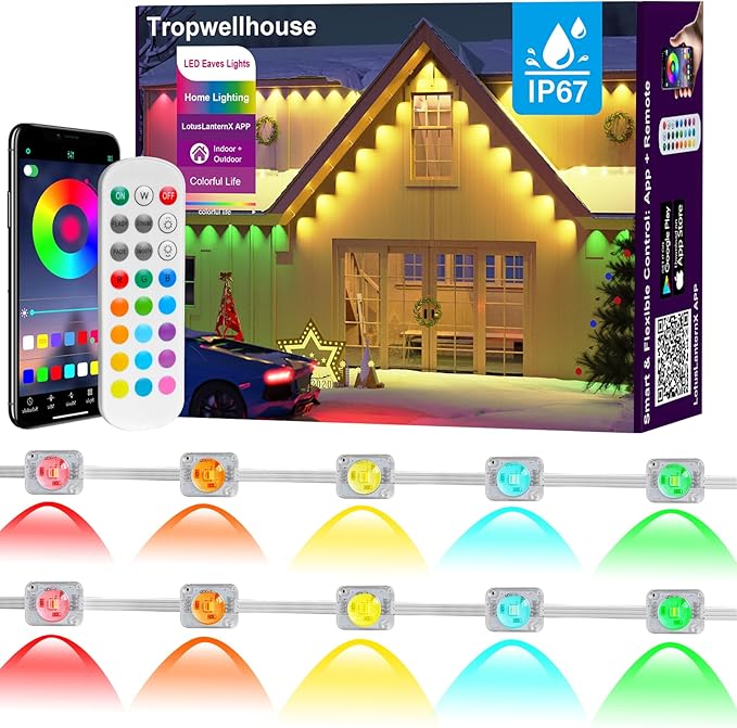 Permanent Outdoor Lights for House 50ft RGB Smart LED Eave Lights with APP &amp Remote Control IP67 Waterproof for Outdoor Decorations Including Halloween Christmas and Daily Lighting