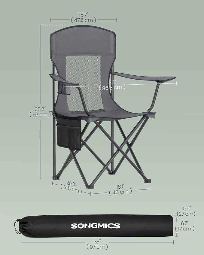 SONGMICS Breathable Camping Chairs Foldable Outdoor Chairs Set of 2 High Back Adjustable Armrests Drink Holder Weight Capacity 330 lb for Sports Garden Backyard Slate Gray UGCB028G01