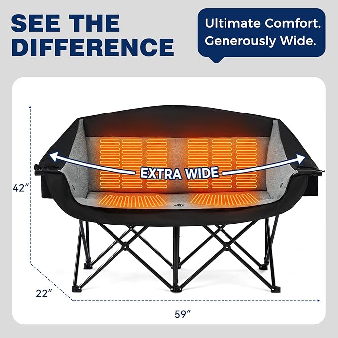 apollo walker Heated Double Camping Chair - Extra Wide Heavy Duty 600lbs Camping Couch with Adjustable Heating Dual Cup Holder &amp Carry Bag Loveseat Camping Chair for Outdoor Lawn Park