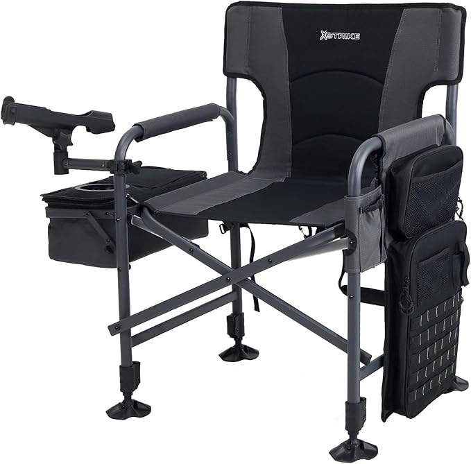 X Strike Fishing Chairs with Rod Holder Folding Ice Fishing Chair for Adults Outdoor Camping Chair Leg Adjustable with Cooler Bag and Storage Bag for Camp Lawn Patio Garden (Black)