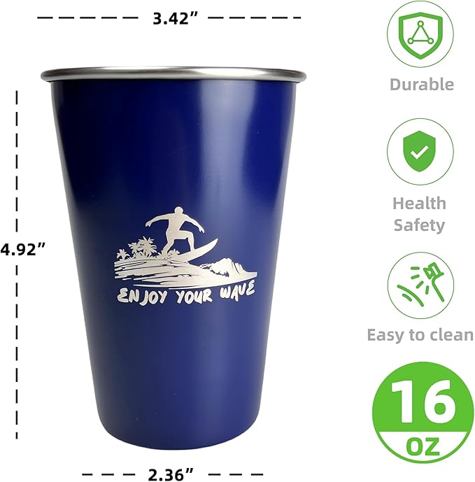 Camping Cup 16oz (4 Pack) 18/8 Stainless Steel Cup for Outdoor Picnic Hiking Fishing Surfing Party Pint cup Metal Mug Tumbler Camping Gift for Him (4 colors)