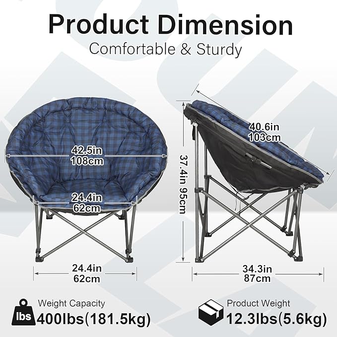 Oversized XXL Folding Round Camping ChairSuper Comfy Padded Moon Camp ChairsHeavy Duty Supports 200 Kg Outdoor Lawn Chairs for AdultsPerfect for IndoorFamily CampingHikingPicnics and Garden