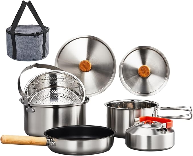 Bonnlo Camping Cookware Set Lightweight Stainless Steel Nesting Cooking Mess Kit with Carrying Bag for 4-6 Campfire CookingCamp Kitchen Outdoor