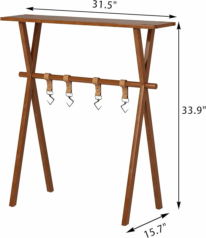 Portable Wooden Picnic Rack &amp Table – Lightweight Beechwood Shelf with Metal Hooks for Outdoor Kitchen RV BBQ &amp Camping Storage
