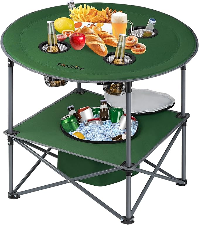 Portable Lightweight Folding Camping Table - Collapsible Foldable Picnic Camp Table with Cooler 4 Enlarged Upgraded Cup Holders and Carry Bag for Tailgating Beach BBQ RV Hiking Party Travel