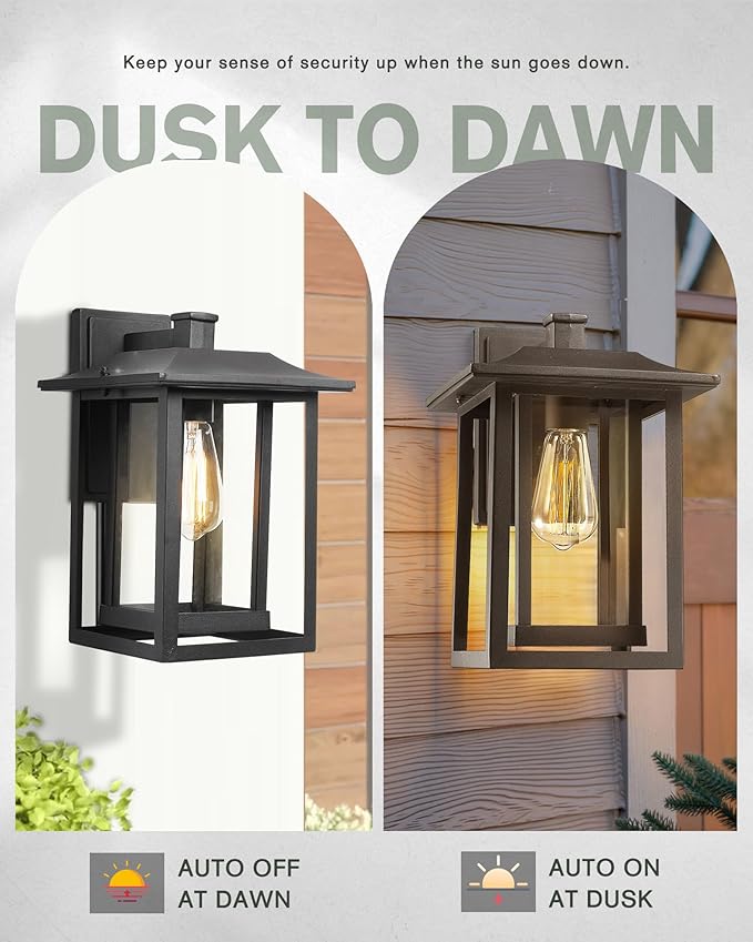 Beionxii Outdoor Light Fixture Dusk to Dawn Exterior Wall Mount Lantern Outside Lights for House Porch Patio Black Cast Aluminum w/Clear Glass (13.5 x 9) - A197W-2PK