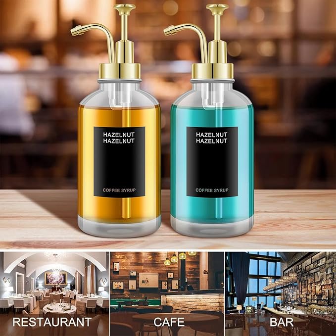 2PCS Syrup Dispensers for Coffee Accessories Glass Syrup Bottle Pump with 9 Labels Silicone Funnel Gold Precise Dispensing Stylish Addition to Coffee Shop Cafe Home Bar