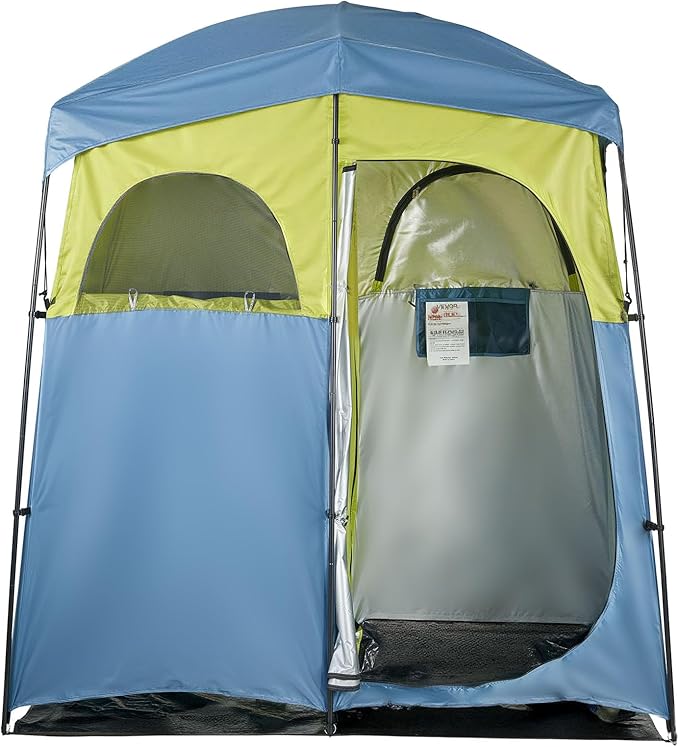 VEVOR Camping Shower Tent 2-Room Portable Privacy Tent Changing Room with Shower Bag Ground Stakes Ropes Carry Bag and Support Poles 150D Oxford Fabric with Silver Coating for Camping Fishing