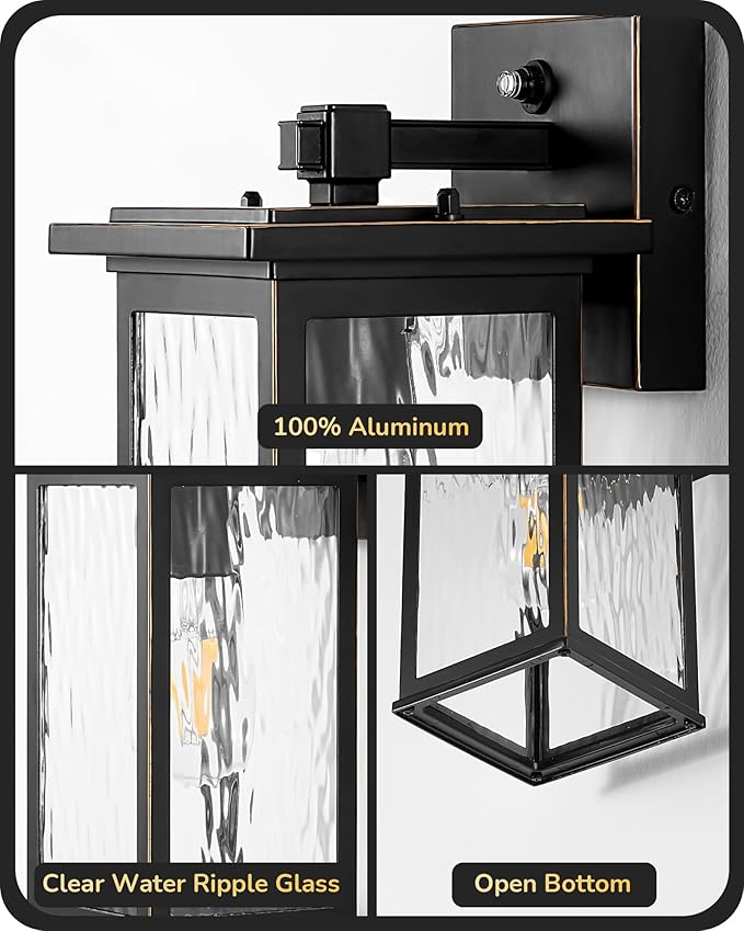 EDISHINE 2 Pack Outdoor Wall Light Dusk to Dawn Exterior Light Fixture Modern Porch Light Wall Mount Sconce Clear Water Ripple Glass Black Metal Outside Wall Lantern for Front Door Garage Patio