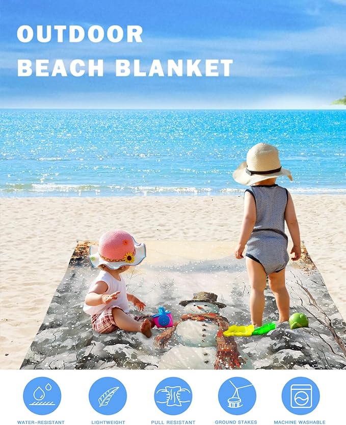 Beach Blanket Waterproof Sandproof OversizedWinter Christmas Cute Snowman Beach Mat with Corner Stakes Sand PocketsTree Forest Snow Scene Outdoor Picnic Mat for Travel Camping Hiking 83x79In