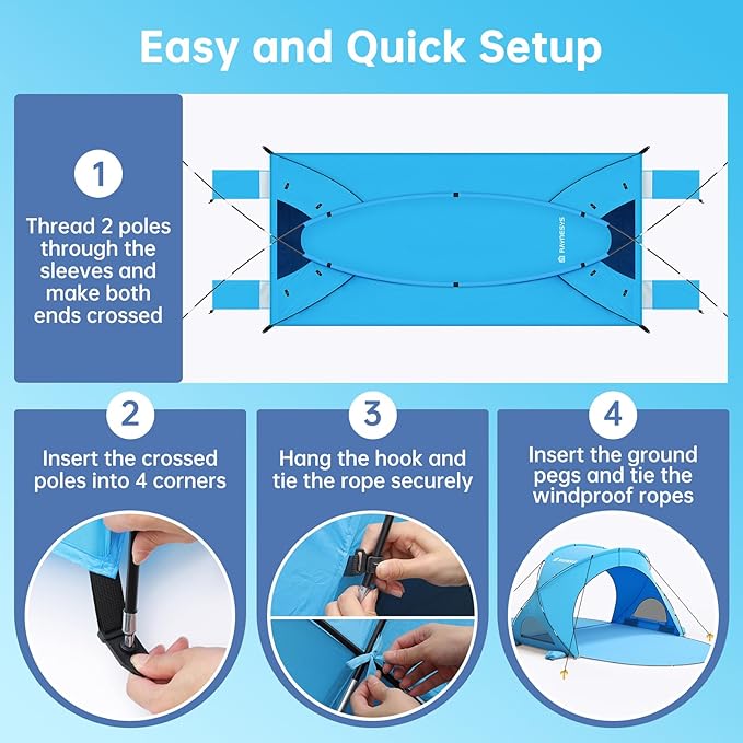 Beach Tent Sun Shelter Sun Shelter for 1-4 Person Beach Shade Tent Beaches Shade with 2 Zippered Doors Portable Tents for Camping Fishing Blue
